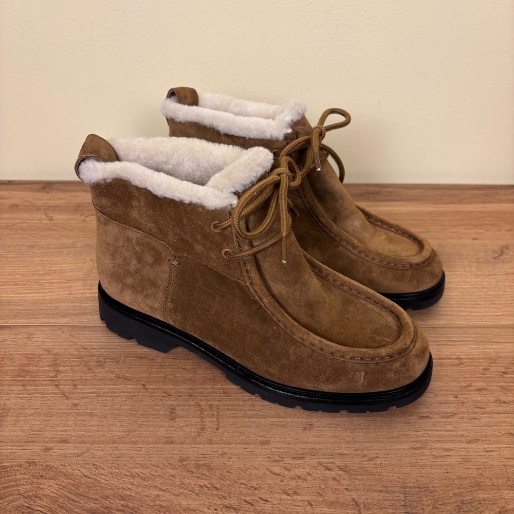 VINCE‎ Sierra Lug-Sole Boots Elmwood Brown Women Size 6 Lace Up Suede Shearling